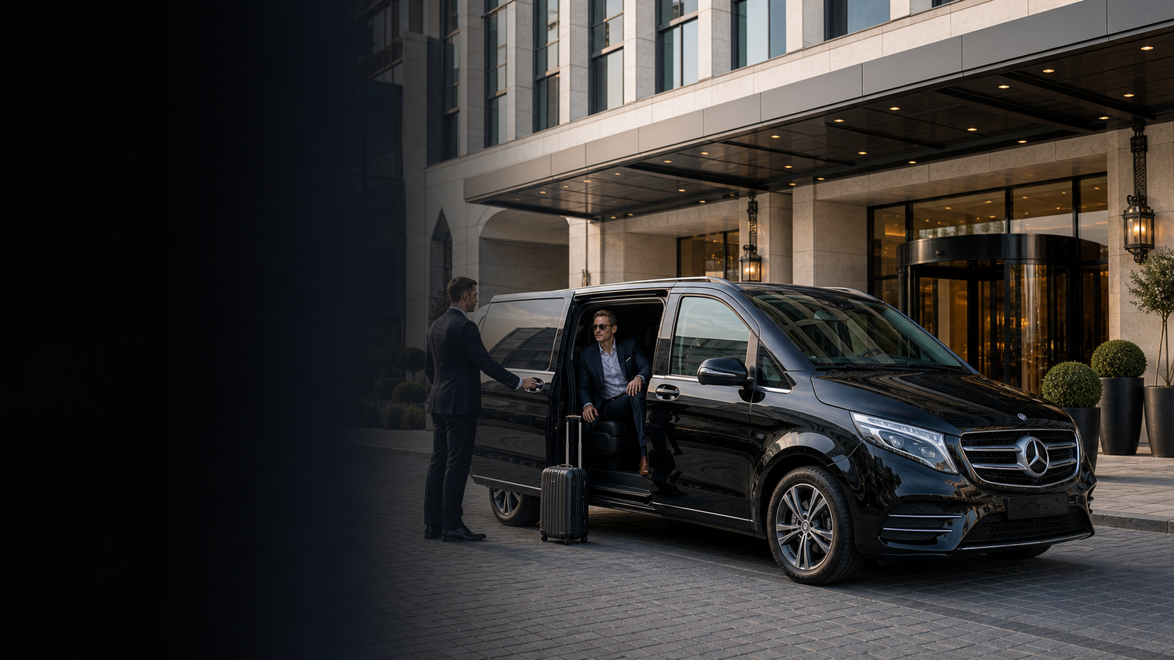 Luxury chauffeur car with driver in front of a hotel