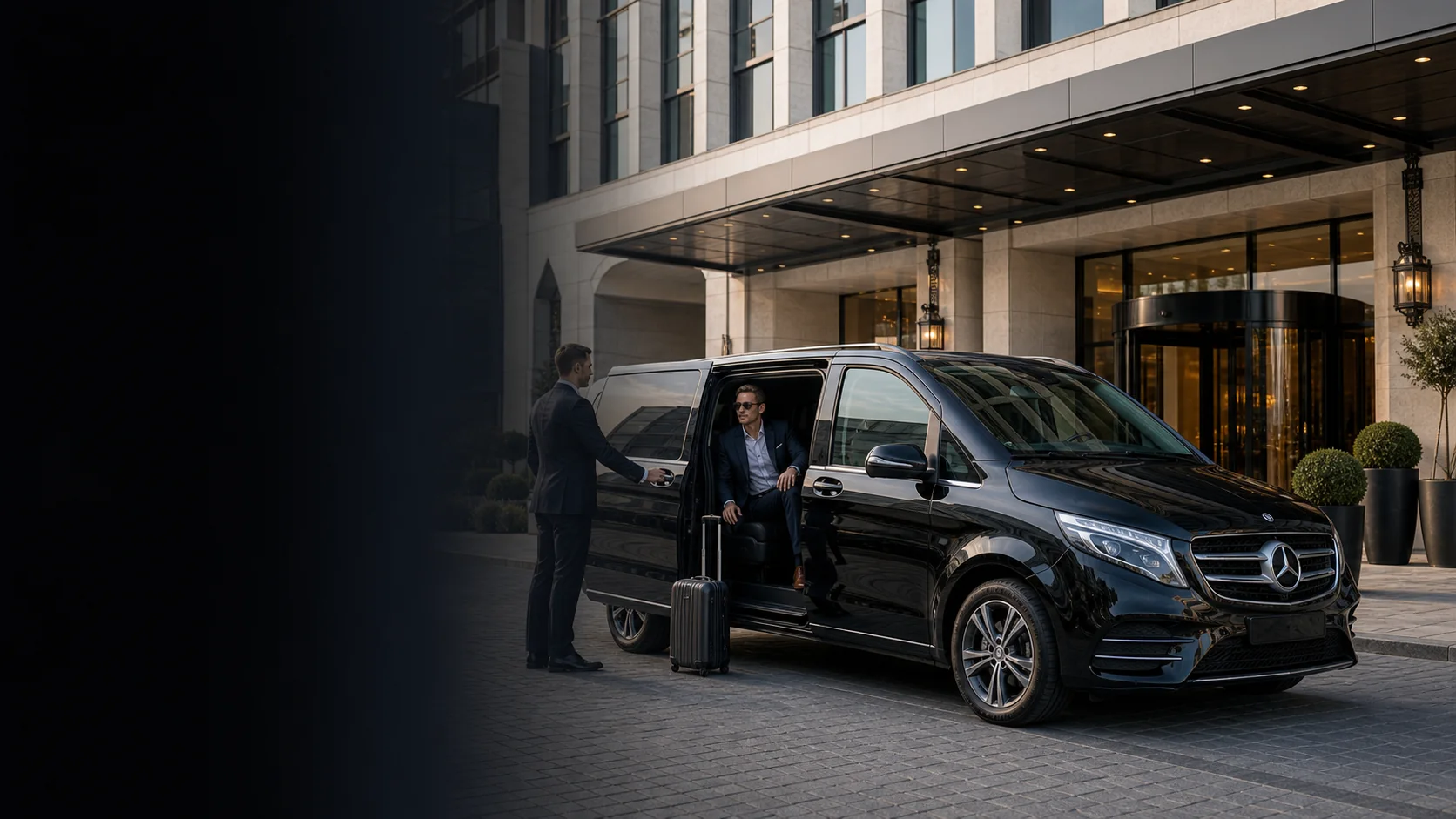 Luxury chauffeur car with driver in front of a hotel